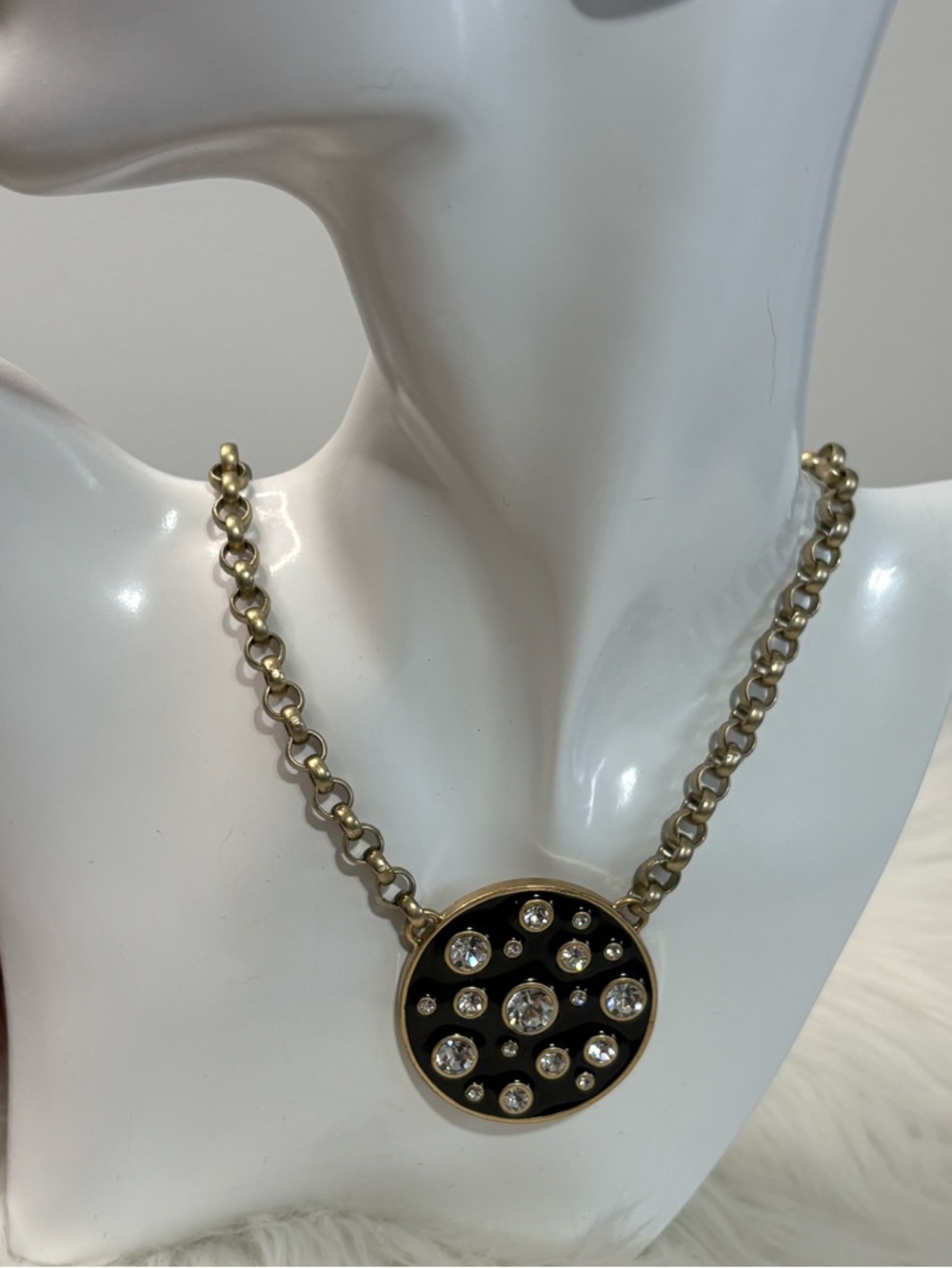 Gold-Tone Necklace with Black Crystal-Studded Pendant